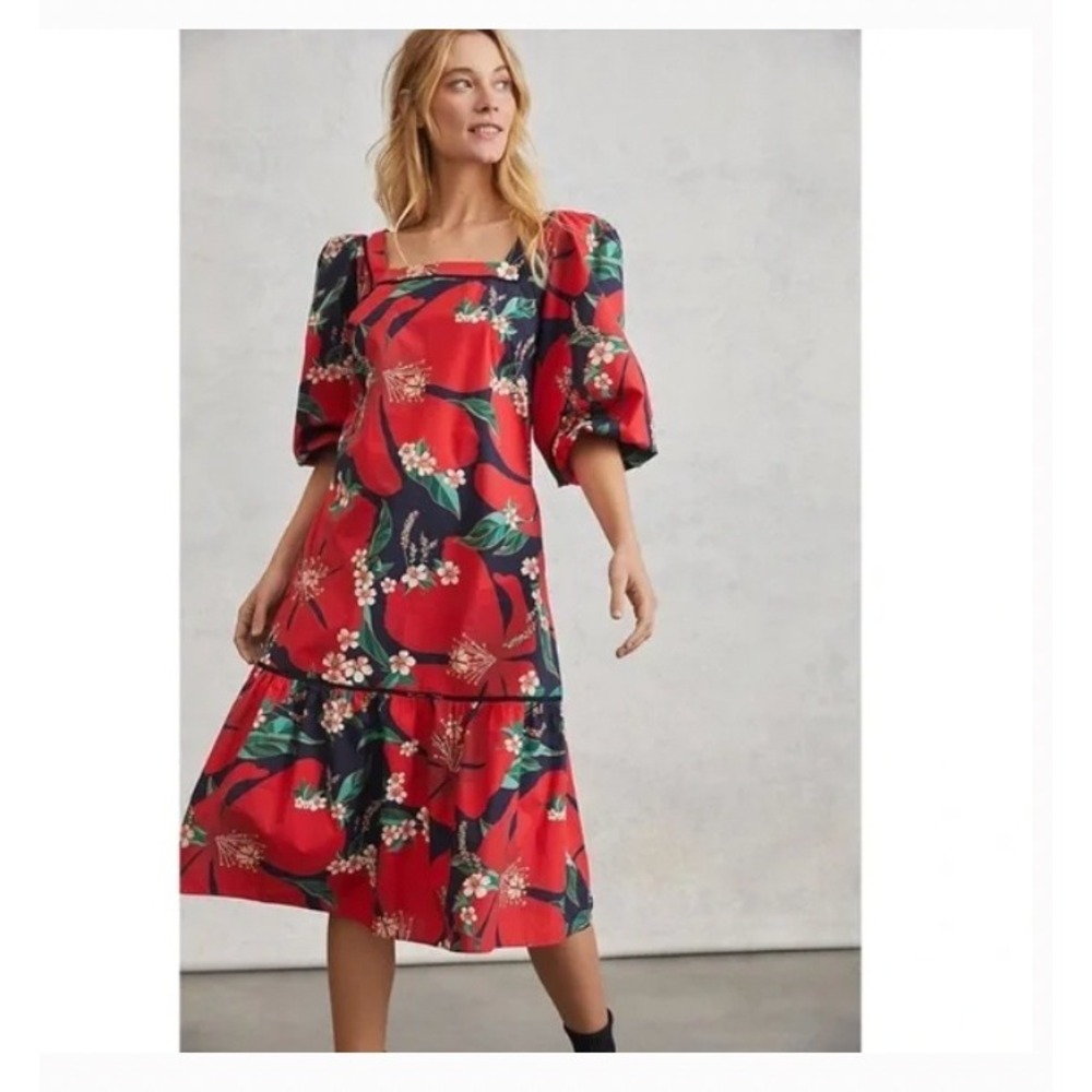 FARM Rio Anthropologie Jamila Midi Dress Square Neck Puff Red Floral Size XS